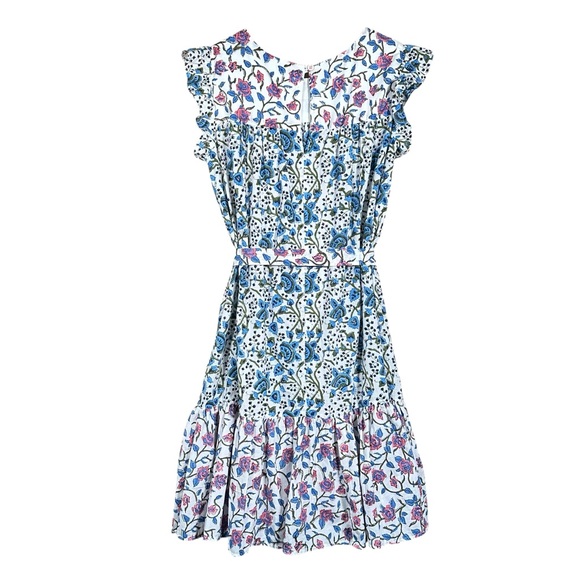 VINTAGE Smocked Floral Tapestry Ruffled Boho Midi Waist Tie Dress - Picture 5 of 11